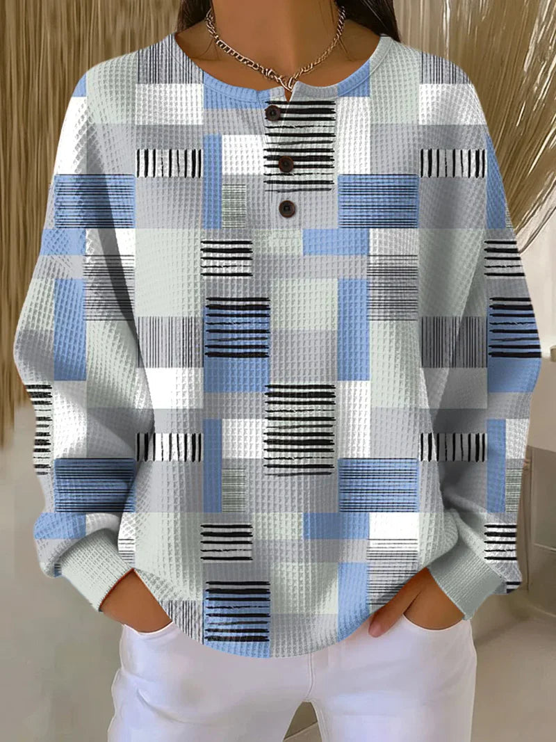 Patchwork Plaid Waffle Knit Henley Long Sleeve Top
