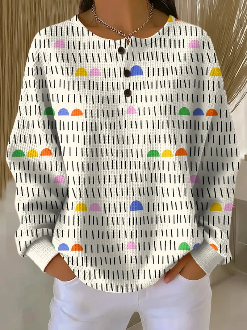 Abstract Dash Print Crew Neck Button Placket Waffle Knit Sweatshirt