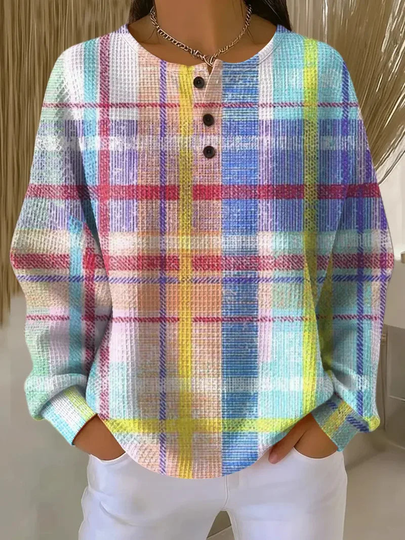 Plaid Print Waffle Knit Button Henley Long Sleeve Top