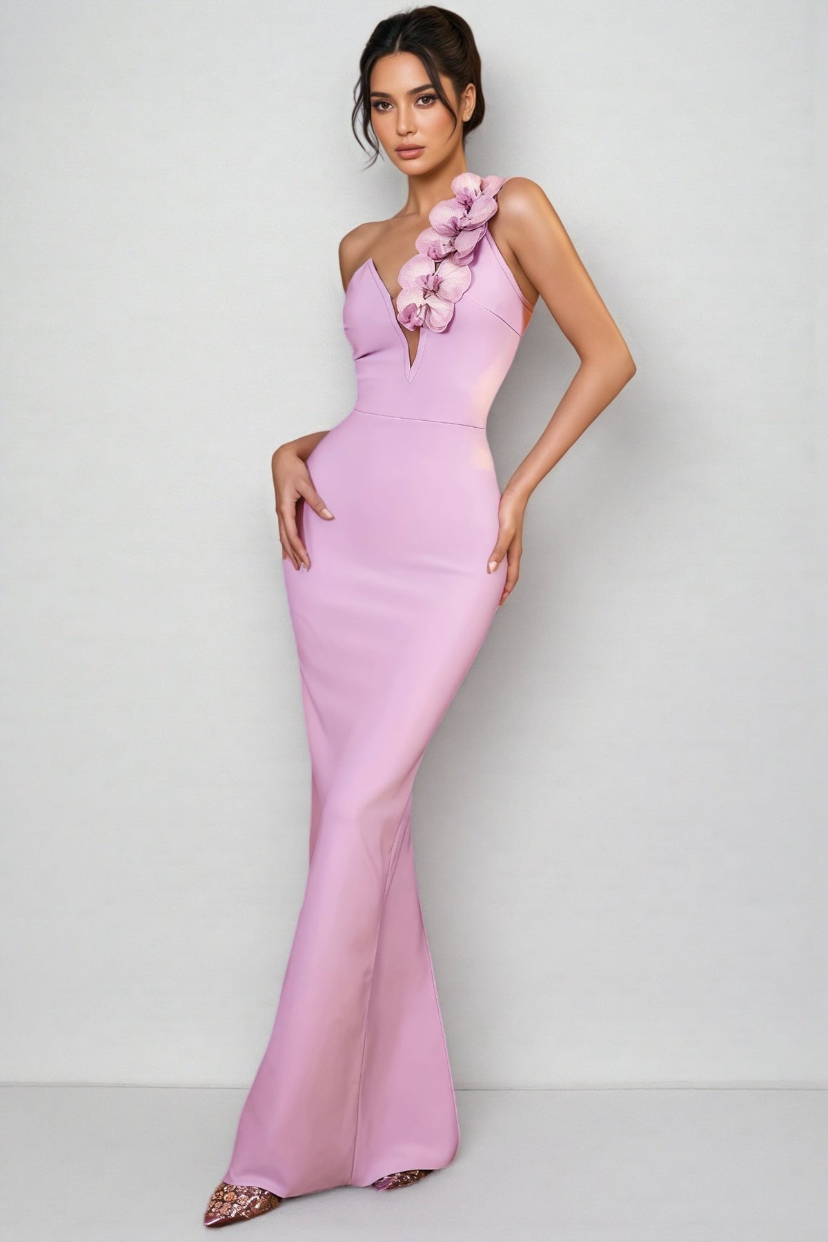 One Shoulder 3D Floral Deep V-Neck Mesh Insert Bodycon Maxi Gown - View 4