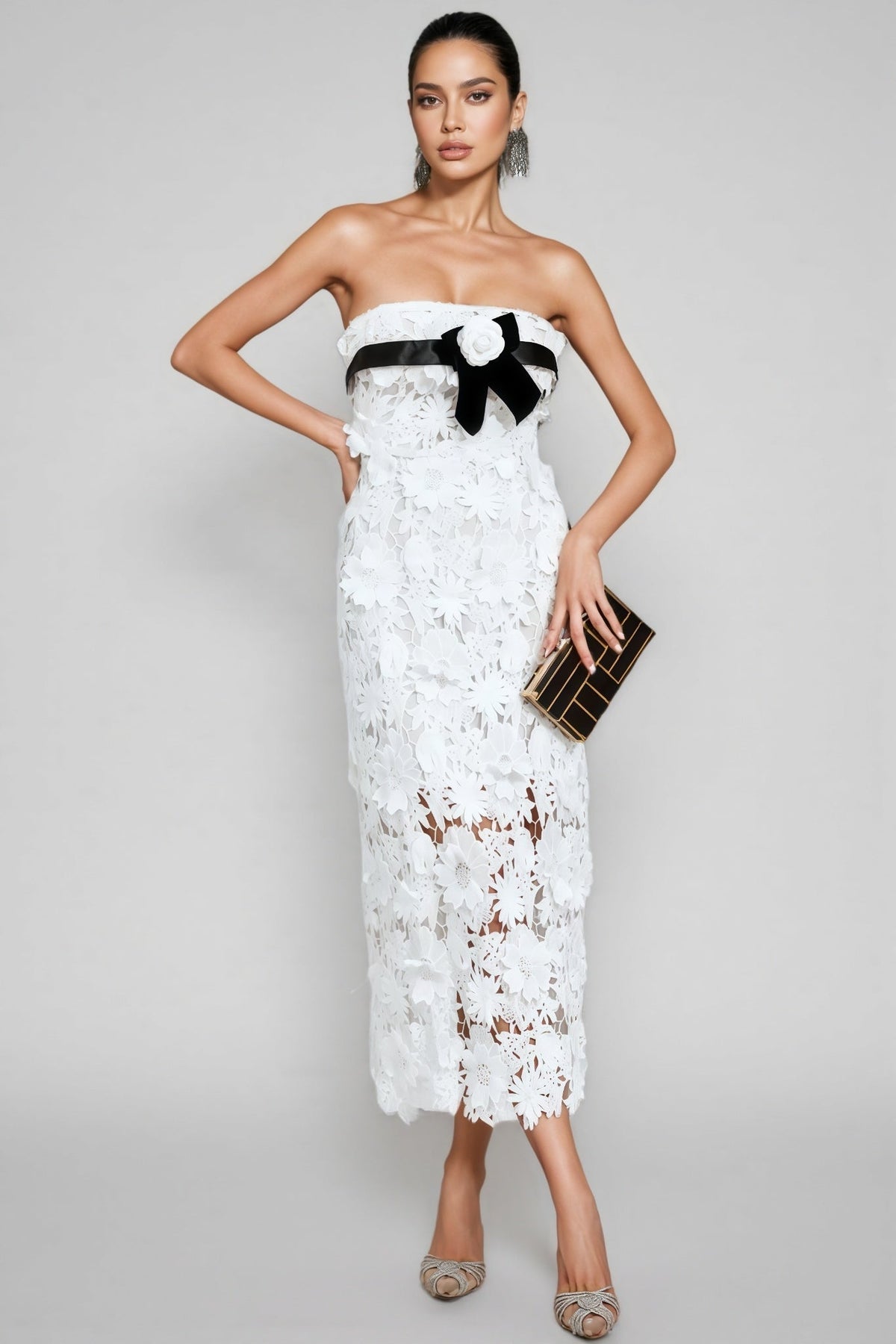 Floral Lace Strapless Sheer Bodycon Midi Dress - View 4