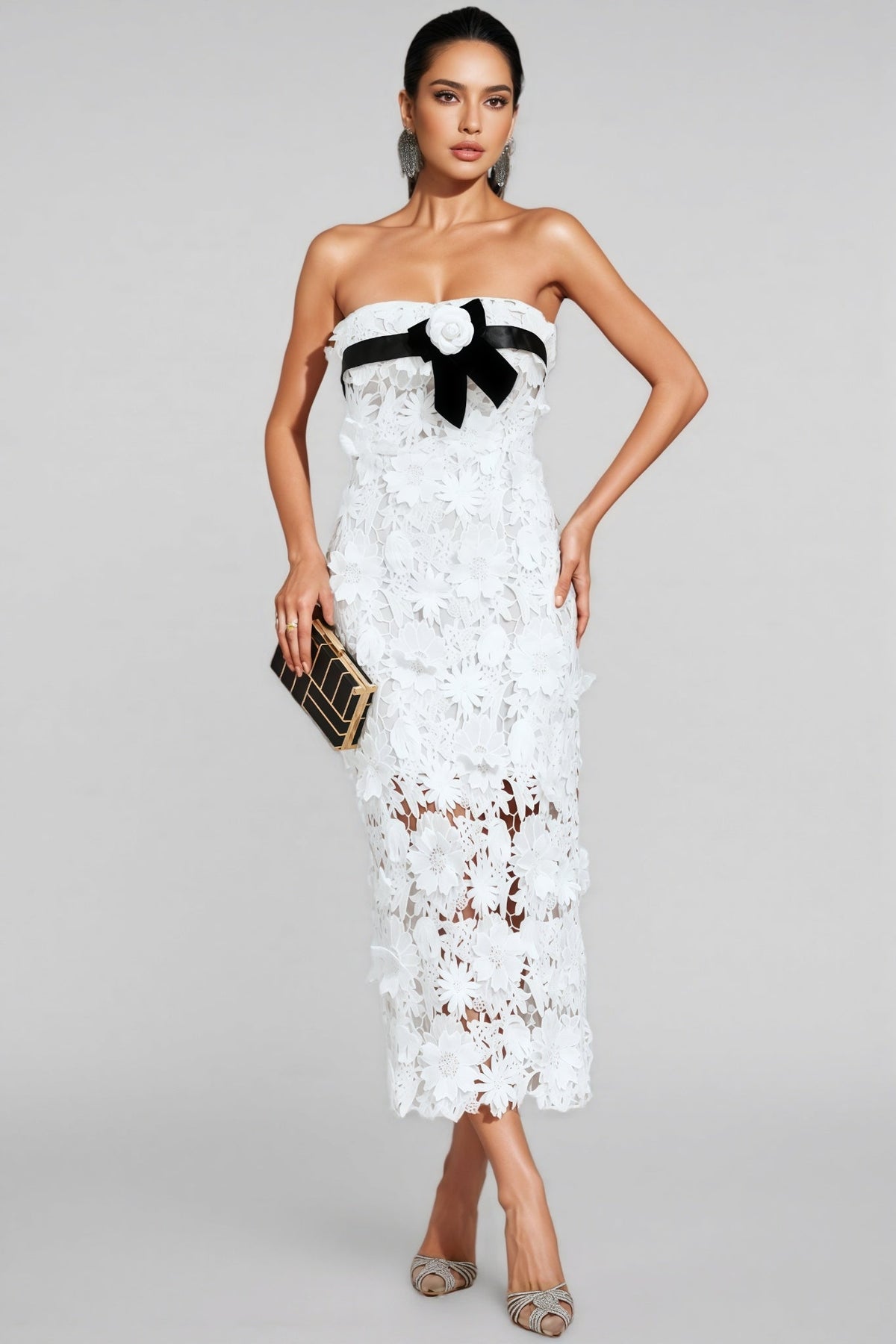 Floral Lace Strapless Sheer Bodycon Midi Dress - View 6
