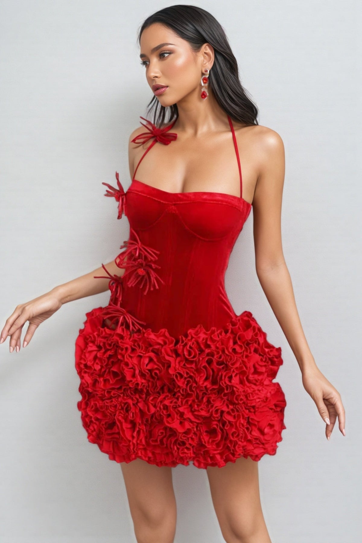 Velvet Halter Neck Corset 3D Rose Ruffle Mini Dress - View 5