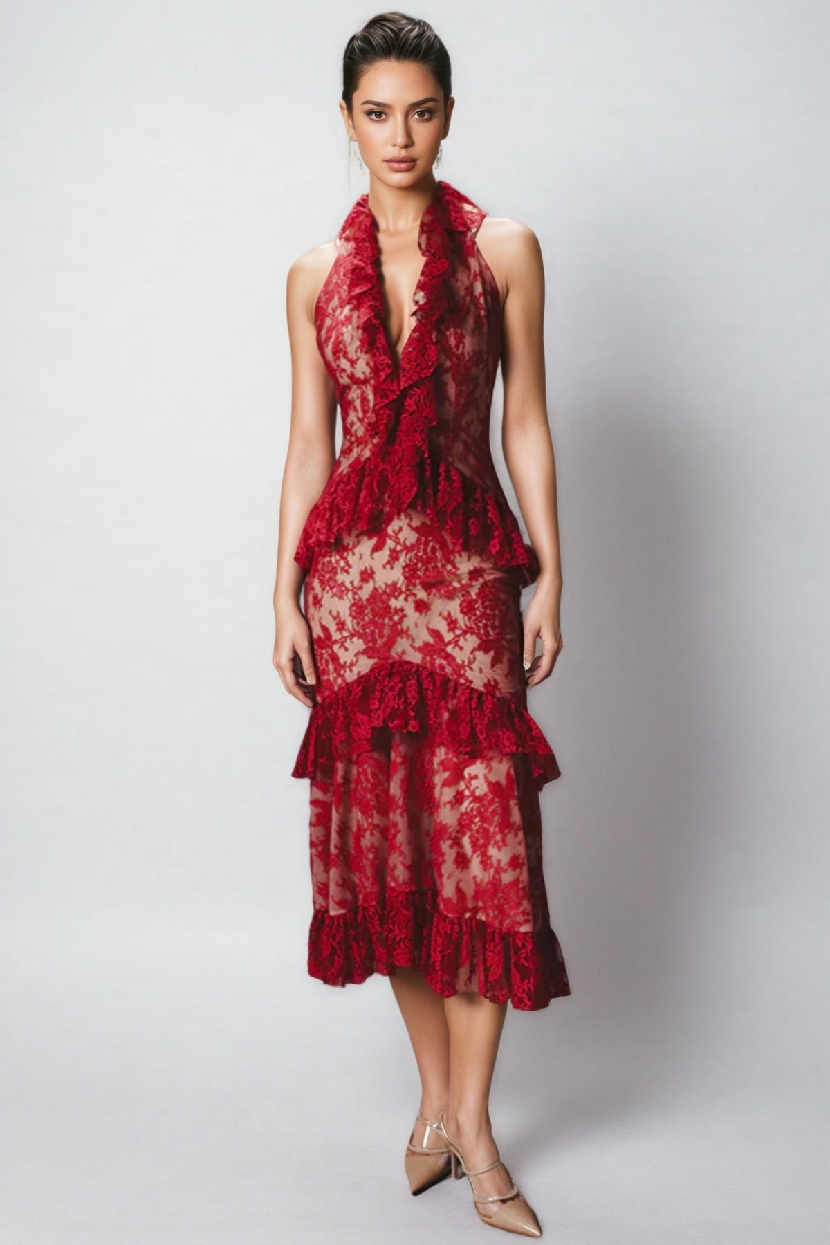 Gracd Backless Lace Ruffled Midi Dress