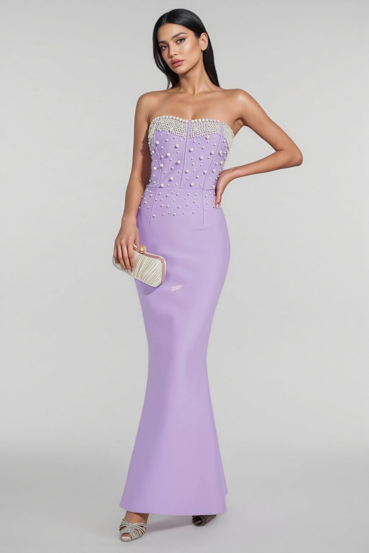 Pearl Beaded Strapless Sweetheart Corset Bandage Maxi Gown - View 3