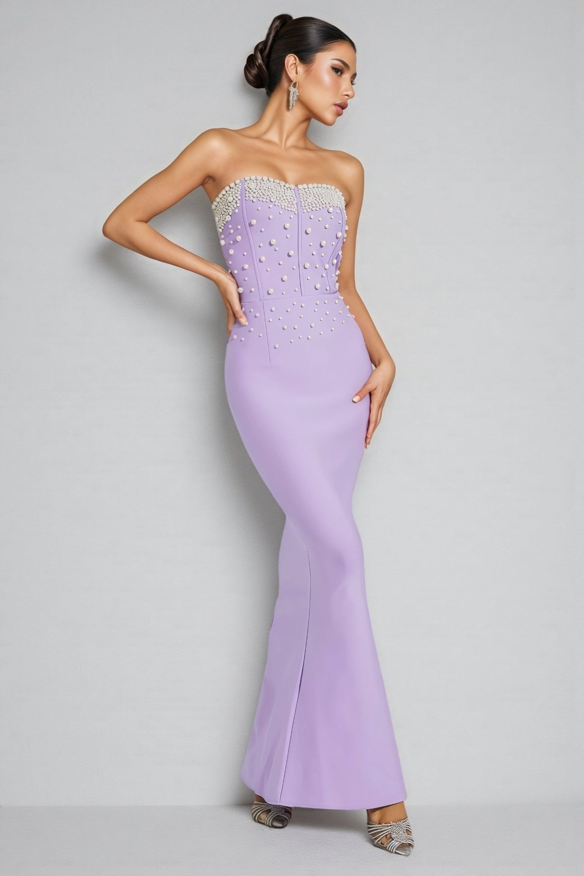 Pearl Beaded Strapless Sweetheart Corset Bandage Maxi Gown - View 6
