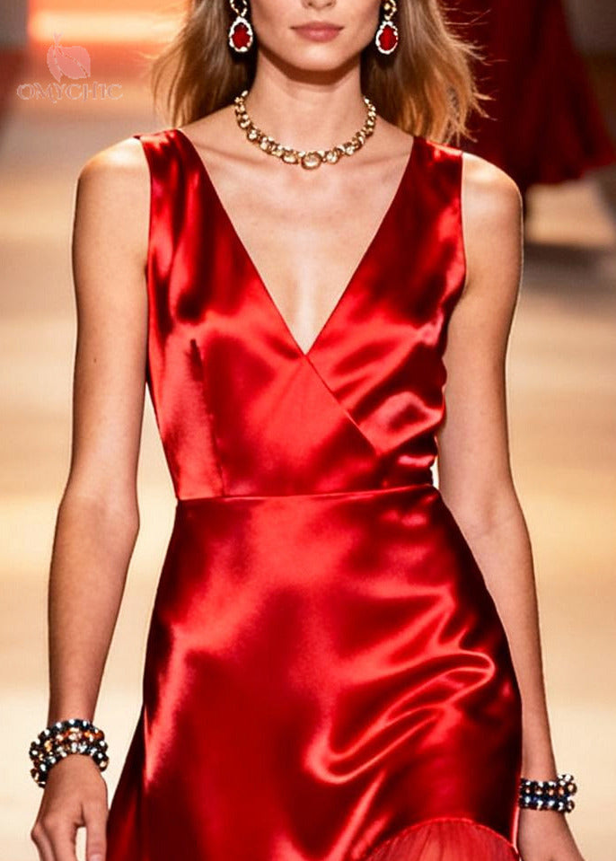 Satin Deep V-Neck Sleeveless Tiered Ruffle Chiffon Overlay Gown - View 2