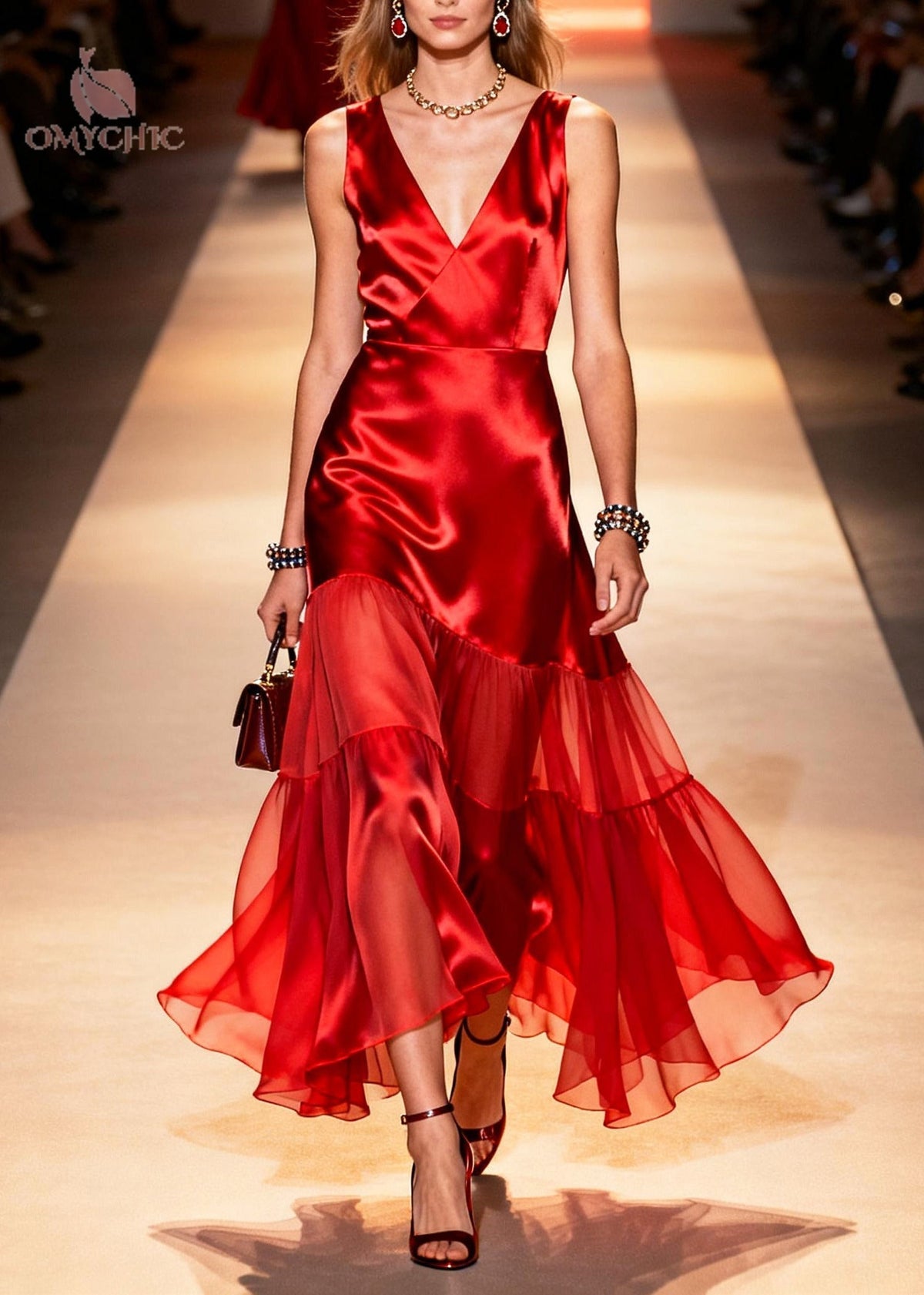 Satin Deep V-Neck Sleeveless Tiered Ruffle Chiffon Overlay Gown - View 3