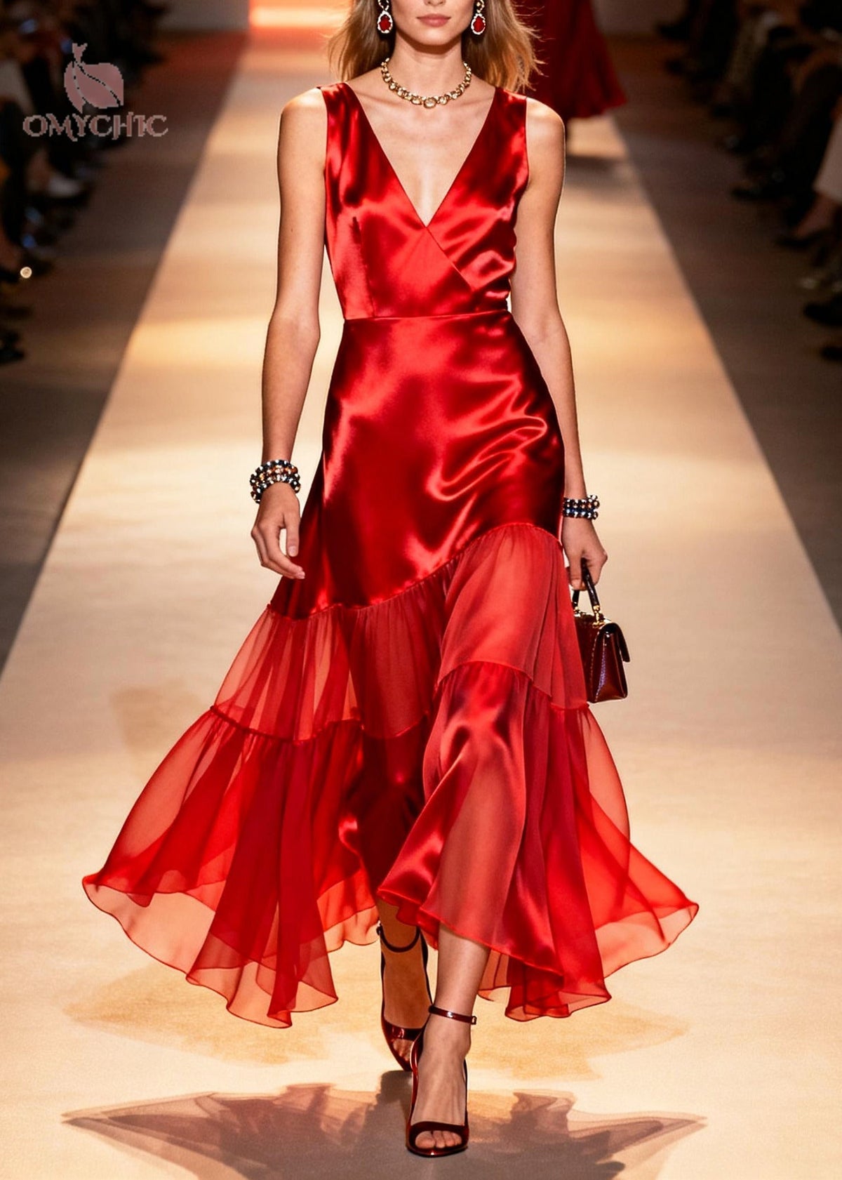 Satin Deep V-Neck Sleeveless Tiered Ruffle Chiffon Overlay Gown - View 5