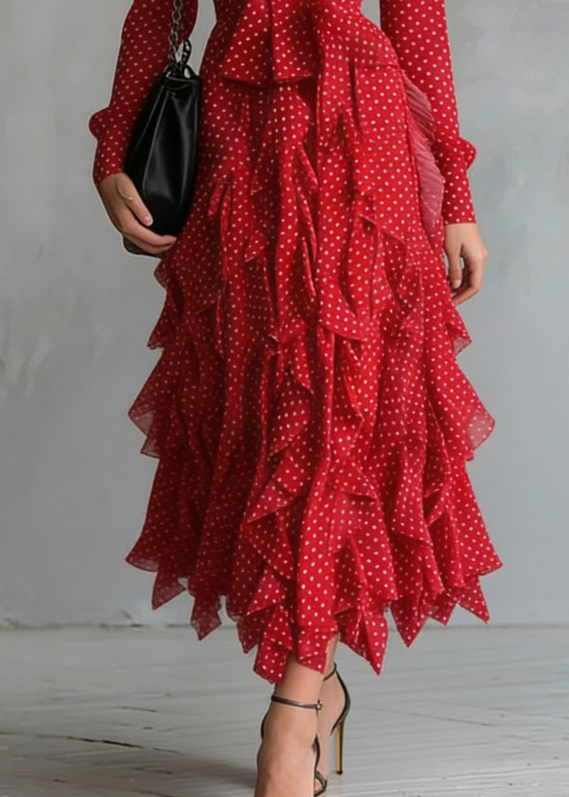 Polka Dot Chiffon Pussy Bow Long Sleeve Tiered Ruffle Midi Dress - View 4