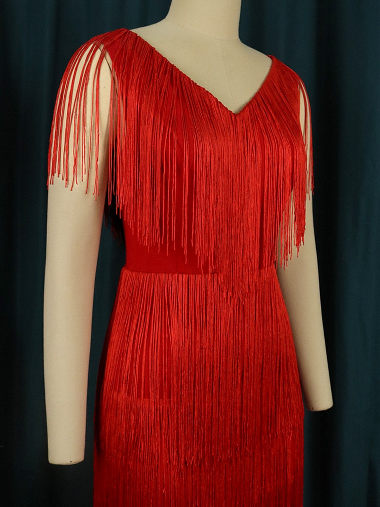 Scoop Neck Cap Sleeve Tiered Fringe High Split Midi Cocktail Dress - View 5