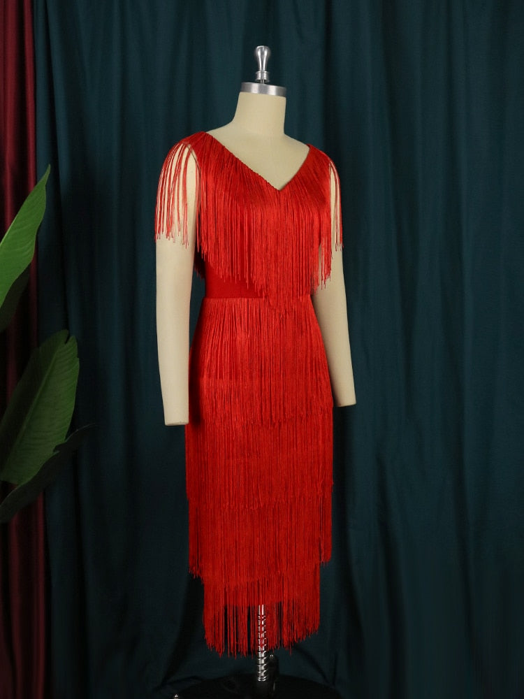 Scoop Neck Cap Sleeve Tiered Fringe High Split Midi Cocktail Dress - View 2