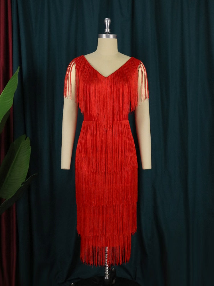 Scoop Neck Cap Sleeve Tiered Fringe High Split Midi Cocktail Dress - View 3