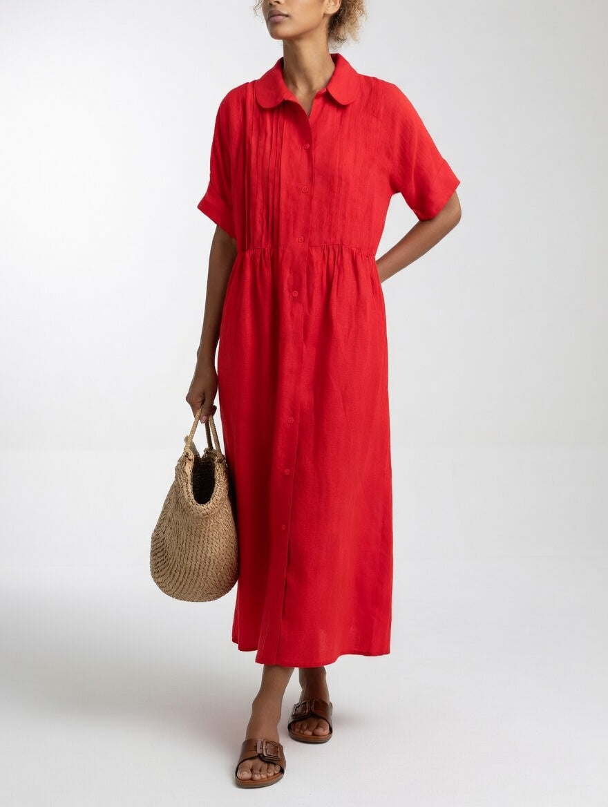 Collared Button Front Pintuck Tiered Maxi Shirt Dress 7