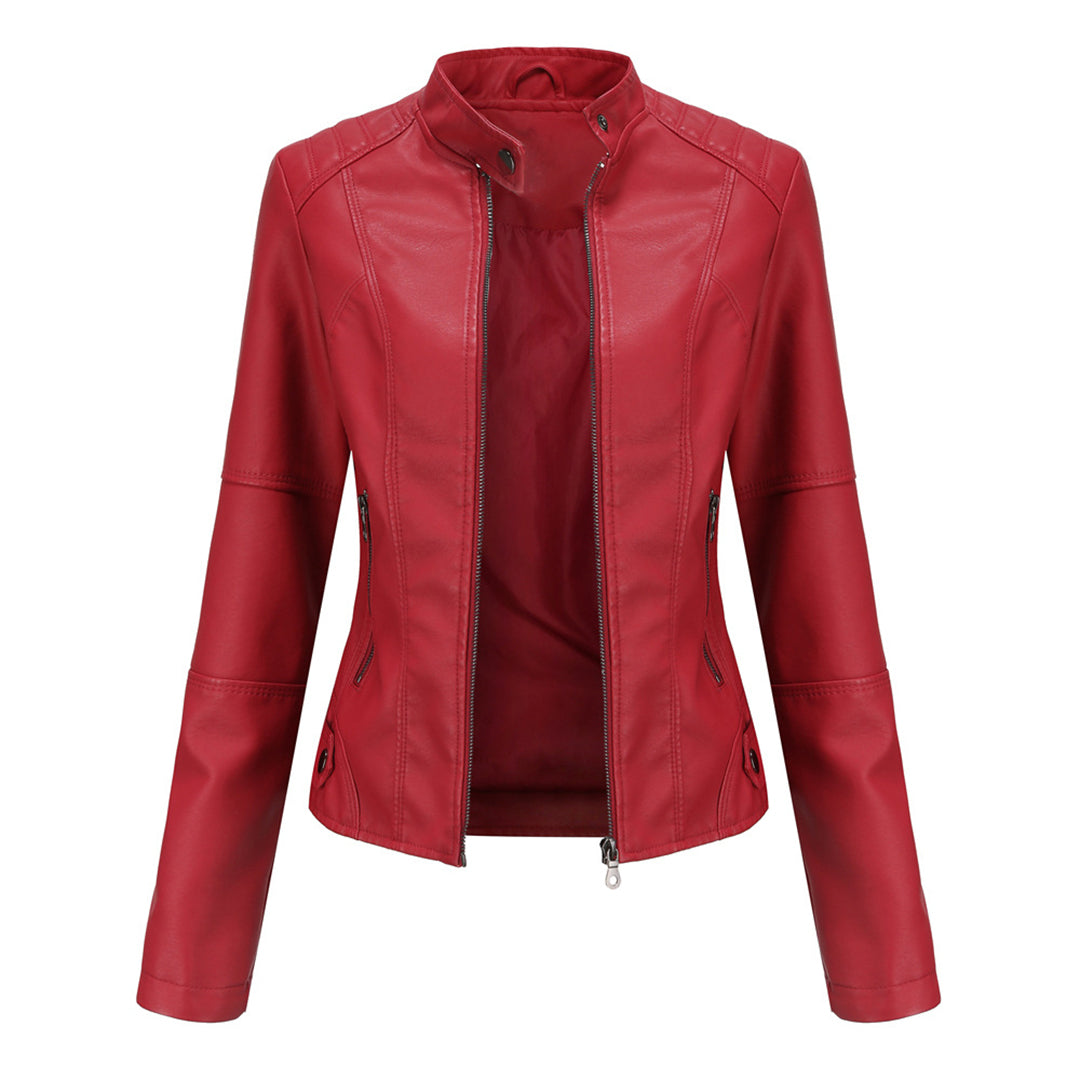 Stand Collar Zip Front Faux Leather Moto Jacket 2