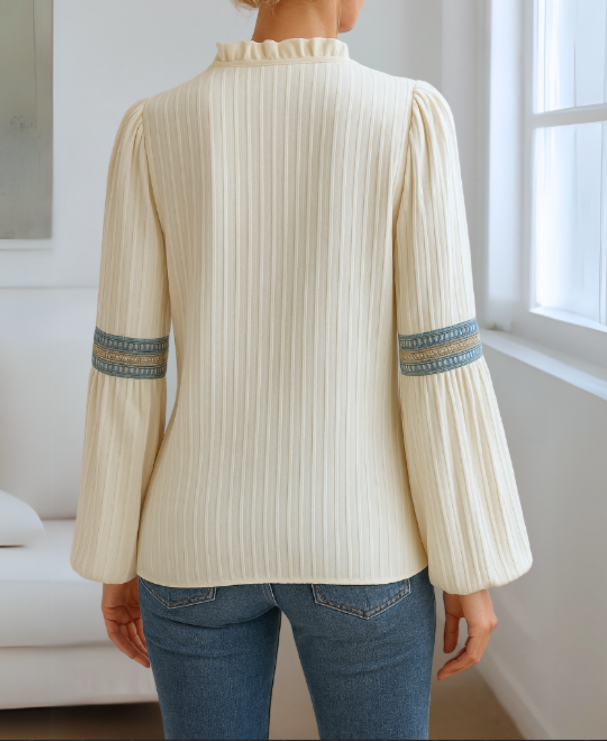 Stand Collar V-Neck Embroidered Trim Long Sleeve Blouse 4