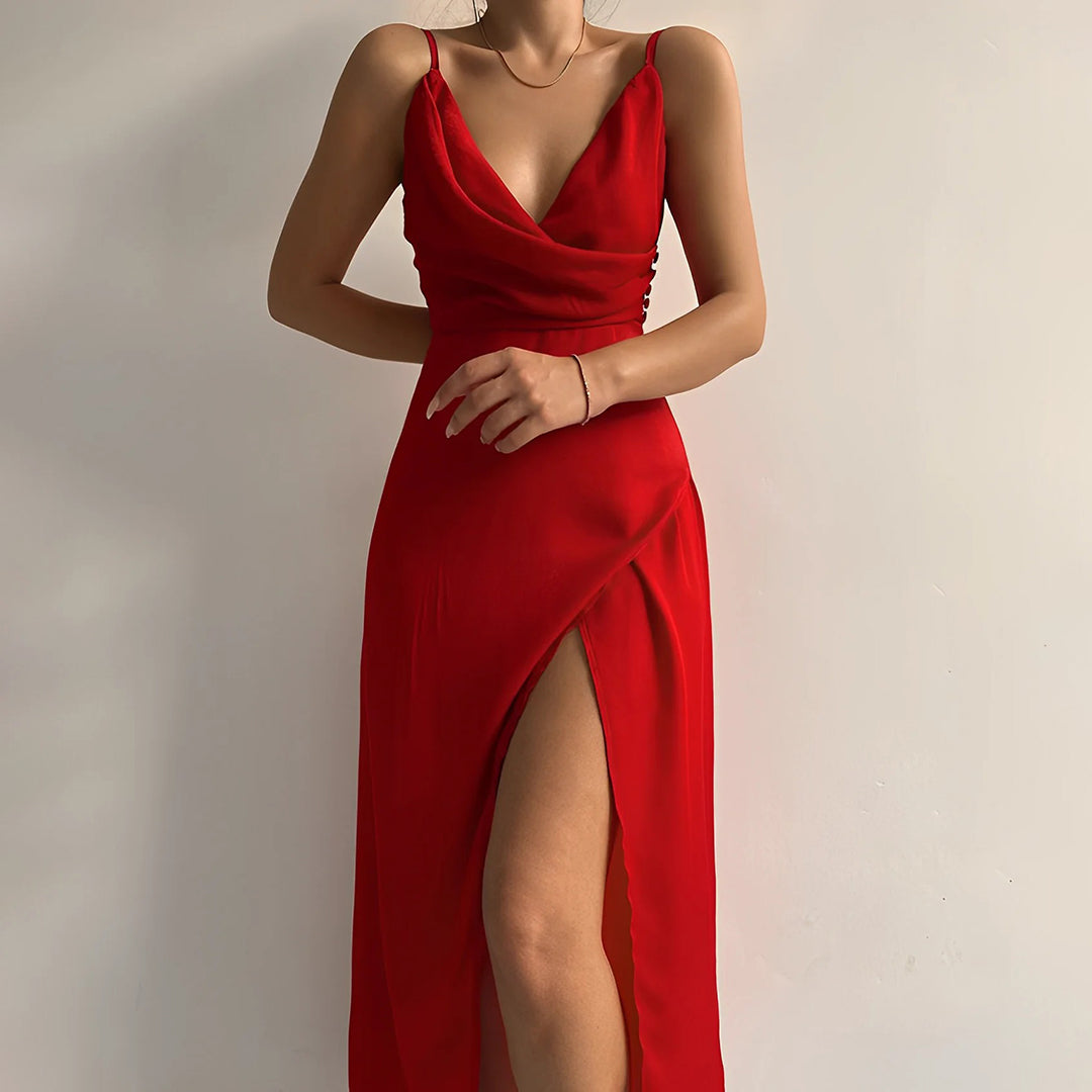 Wrap Surplice V-Neck Spaghetti Strap High Split Maxi Cocktail Dress - View 2