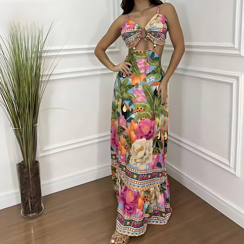 Tropical Print Spaghetti Strap Sweetheart Cut Out Tiered Dress