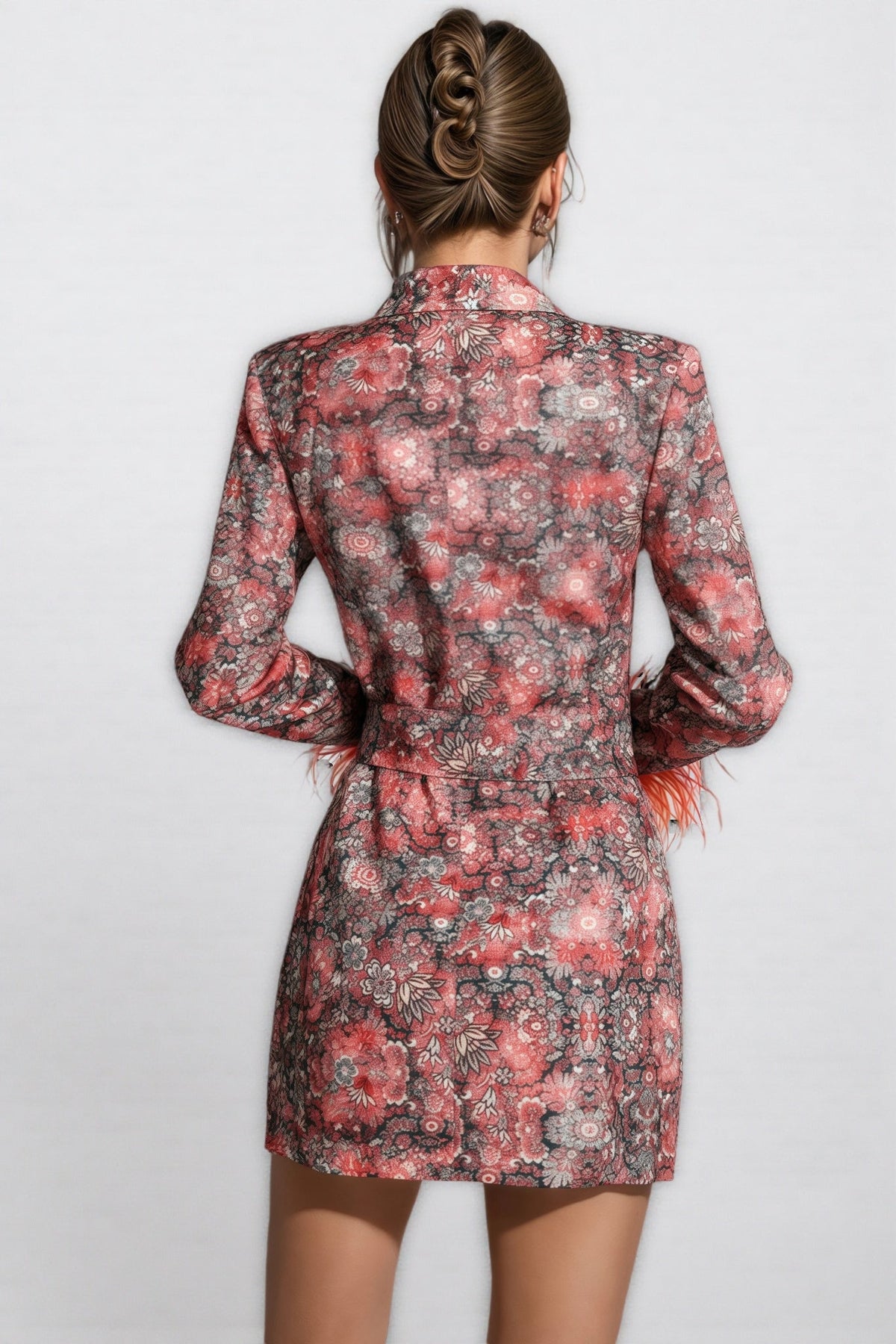 Floral Jacquard Feather Trim Belted Blazer Mini Dress - View 7