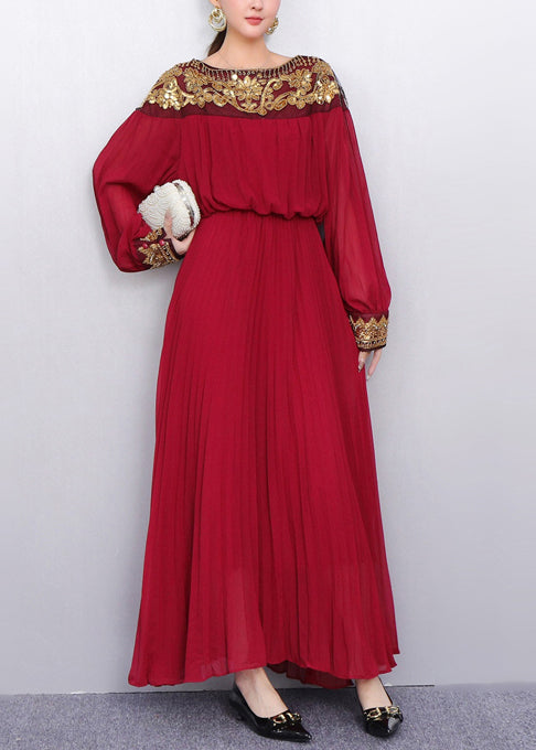 Sequin Embroidered Chiffon Long Sleeve Bishop Sleeve Pleated Maxi Gown