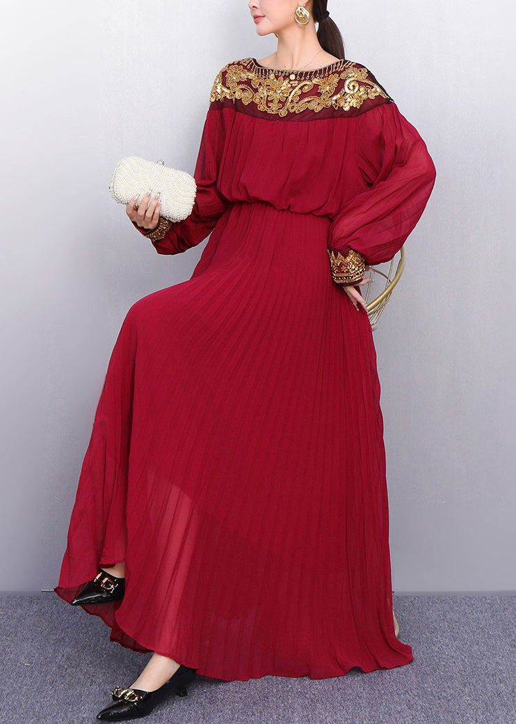 Sequin Embroidered Chiffon Long Sleeve Bishop Sleeve Pleated Maxi Gown - View 3