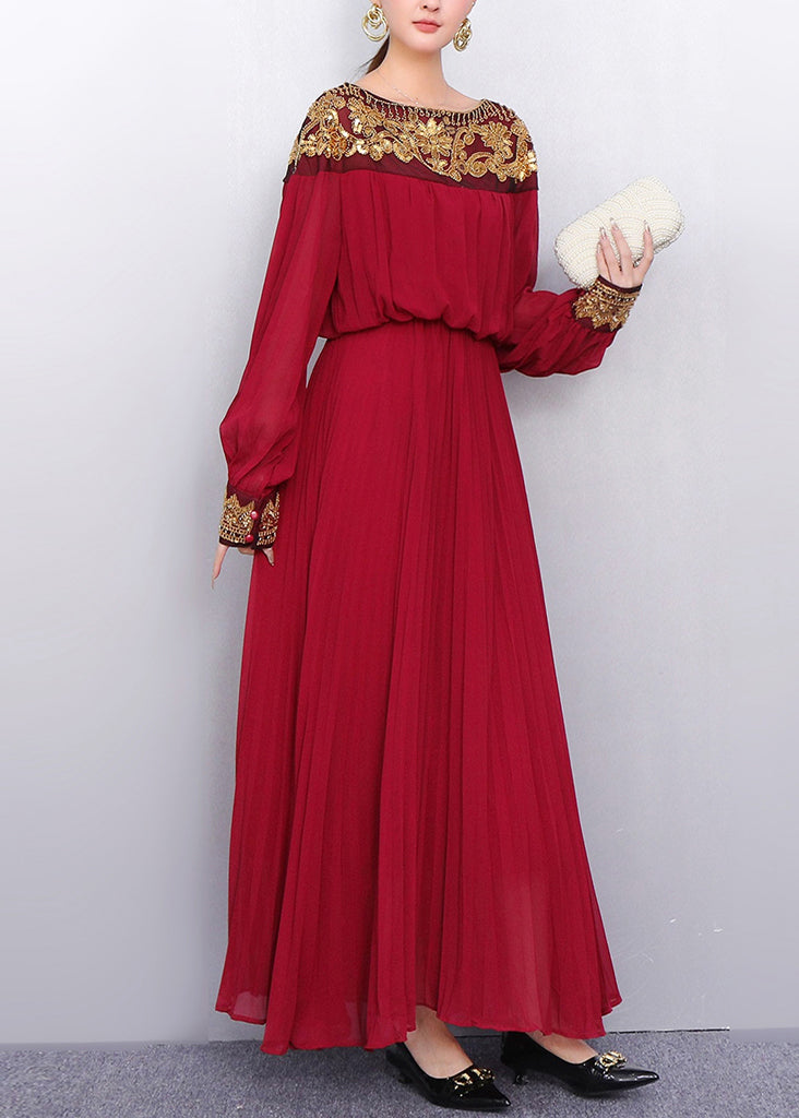 Sequin Embroidered Chiffon Long Sleeve Bishop Sleeve Pleated Maxi Gown - View 5