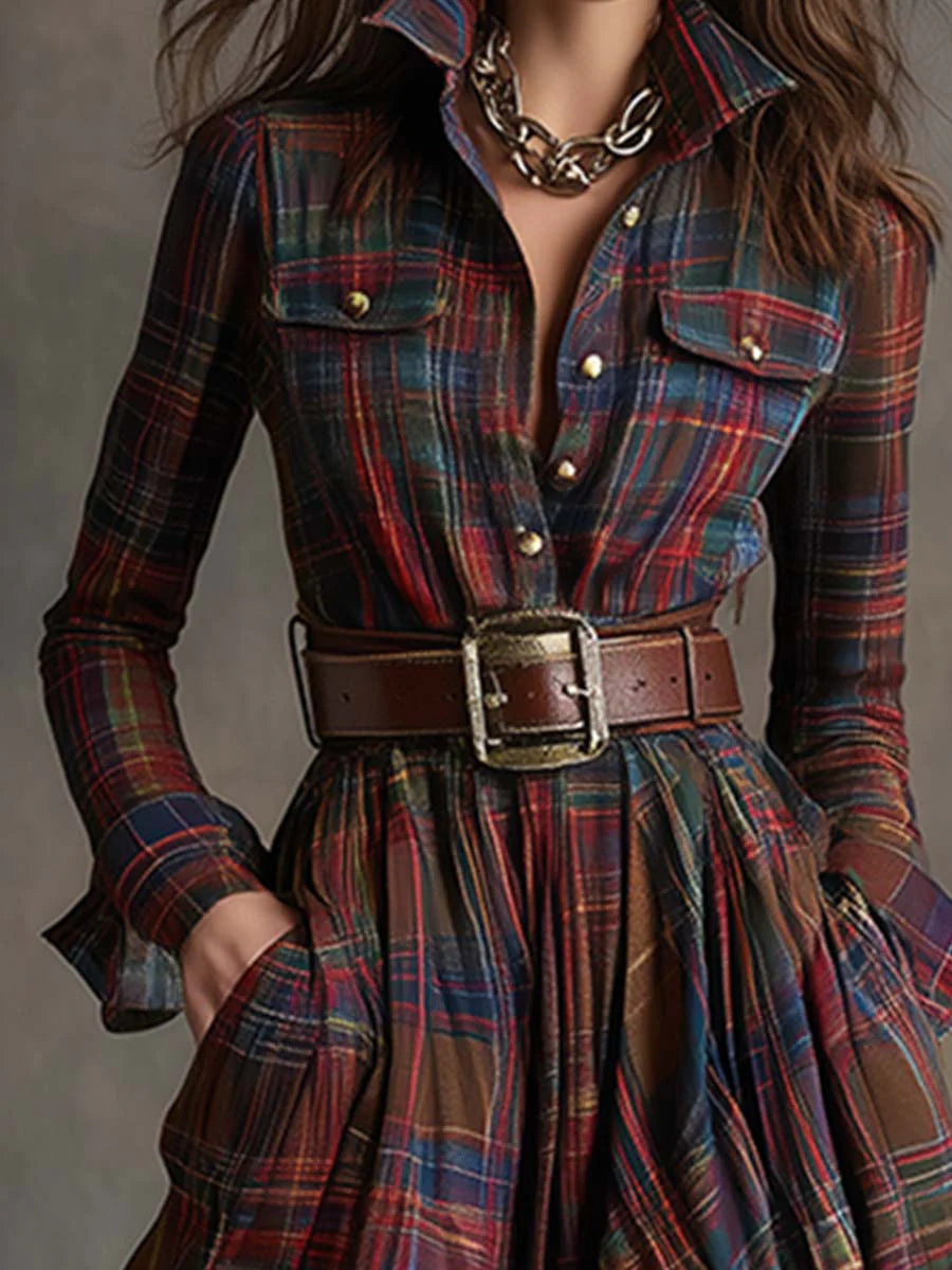 Plaid Collared Long Sleeve Button Front Belted Maxi Shirt Dress 4