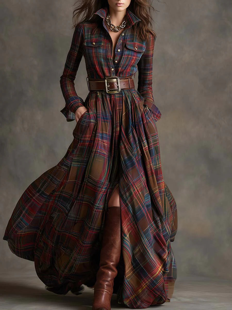 Plaid Collared Long Sleeve Button Front Belted Maxi Shirt Dress