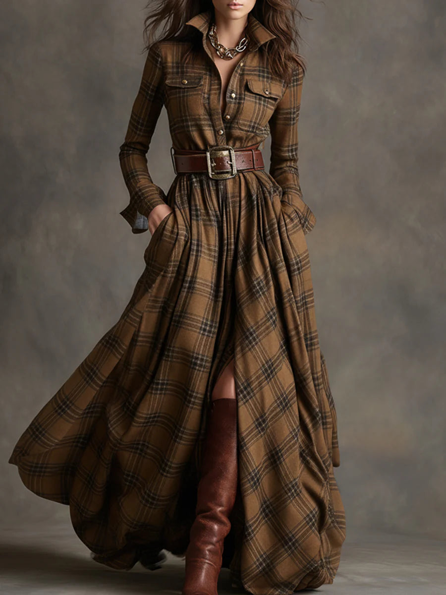 Plaid Collared Long Sleeve Button Front Belted Maxi Shirt Dress 3