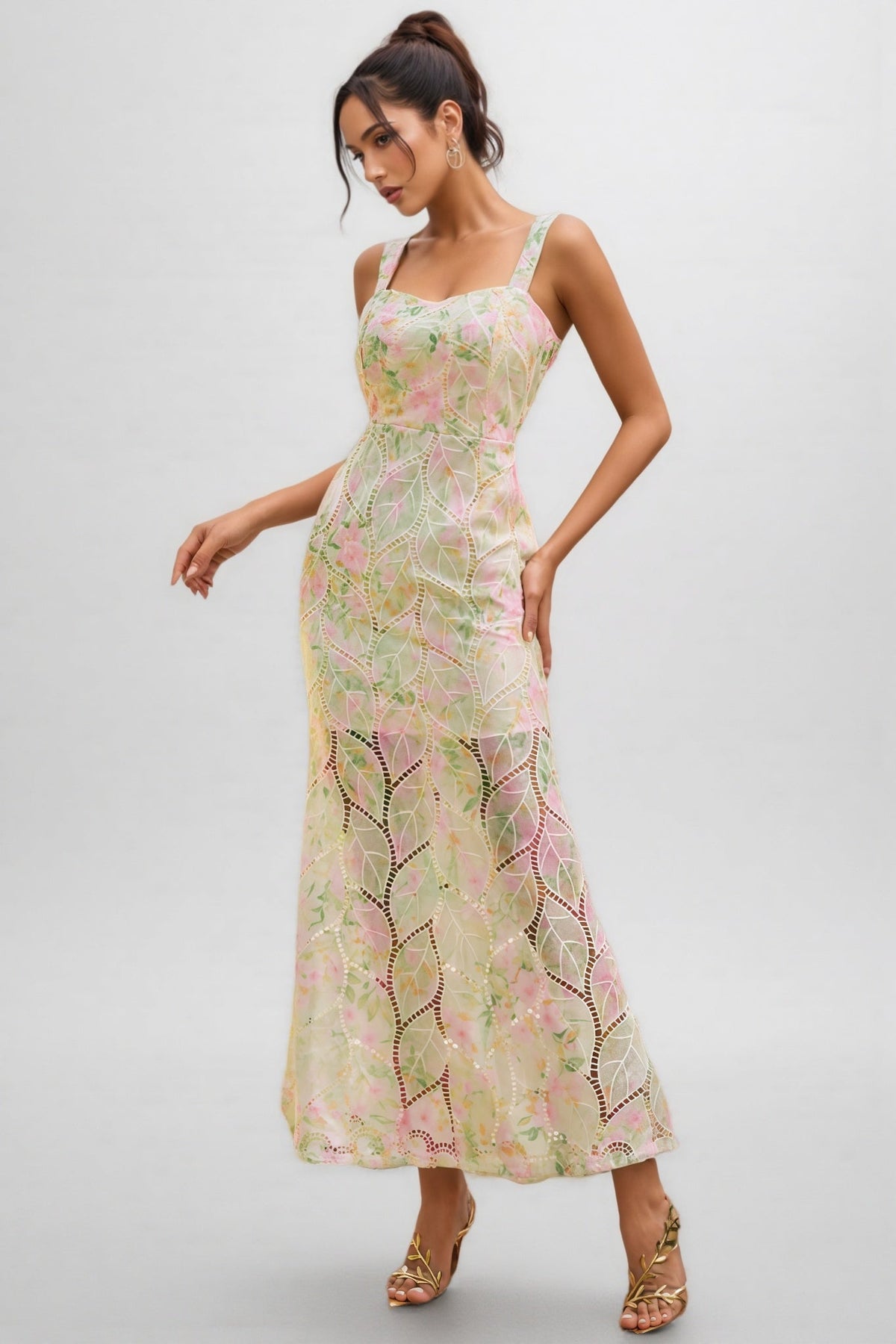 Floral Sequin Square Neck Sleeveless Mermaid Maxi Dress