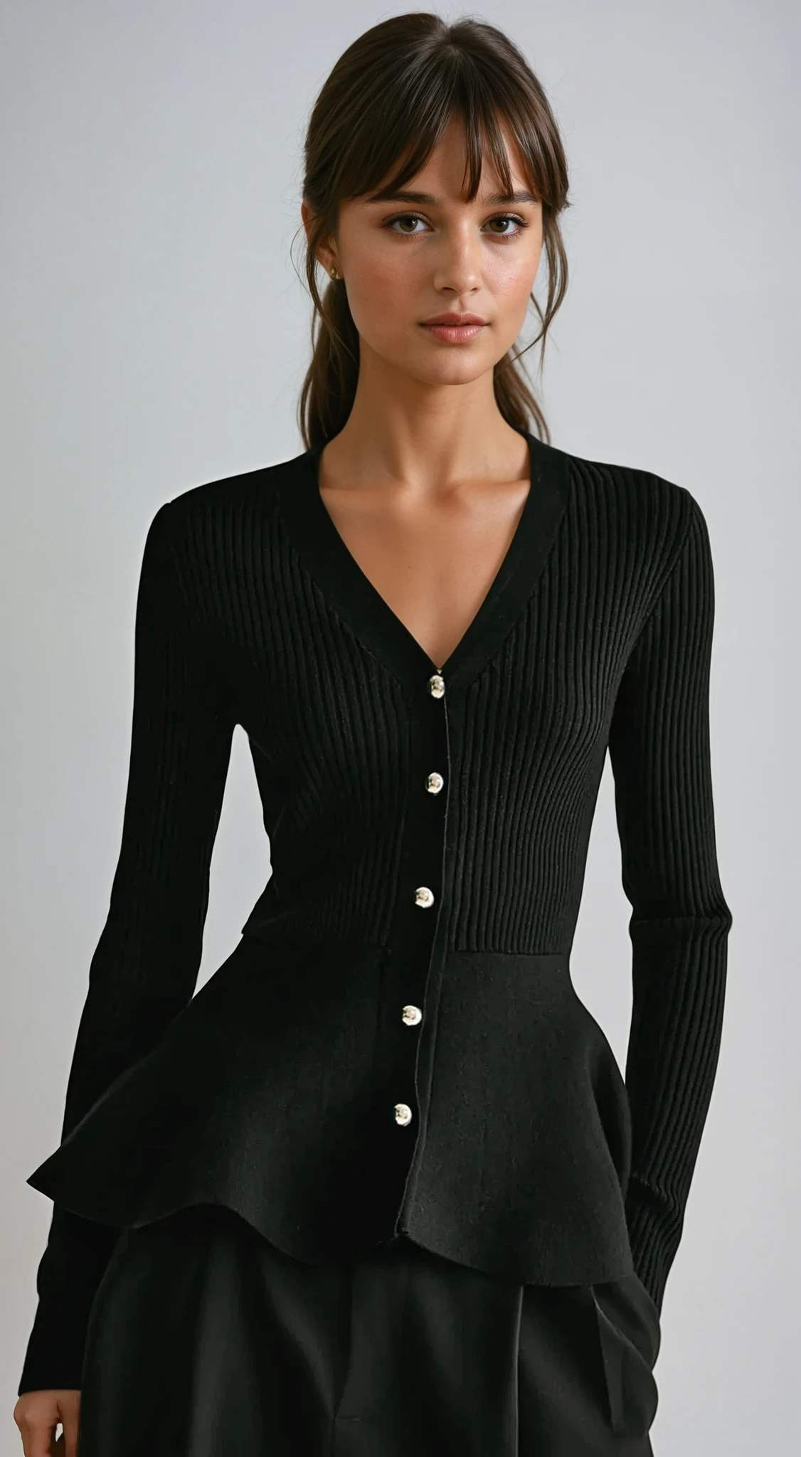 V-Neck Button Front Ribbed Peplum Cardigan