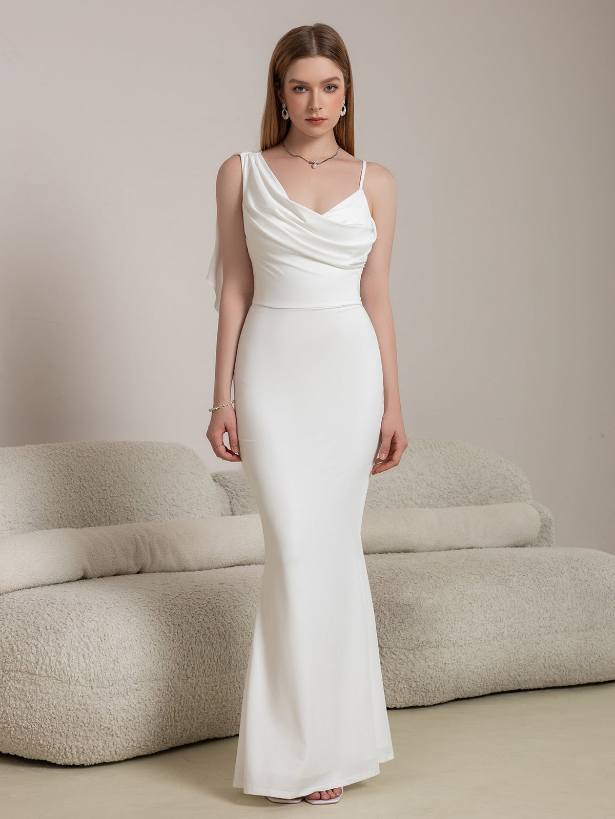 Satin Cowl Neck Spaghetti Strap Ruched Mermaid Maxi Dress - View 5