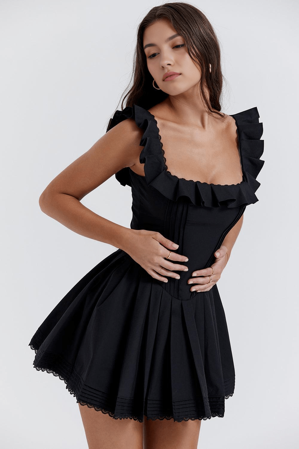 Square Neck Ruffle Strap Pintuck Flare Mini Dress 4