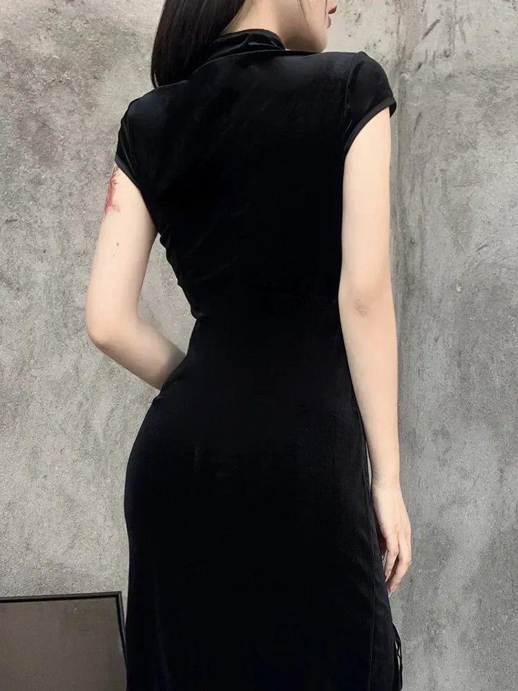 Velvet High Neck Frog Button Cap Sleeve Lace Up High Split Bodycon Maxi Dress - View 5