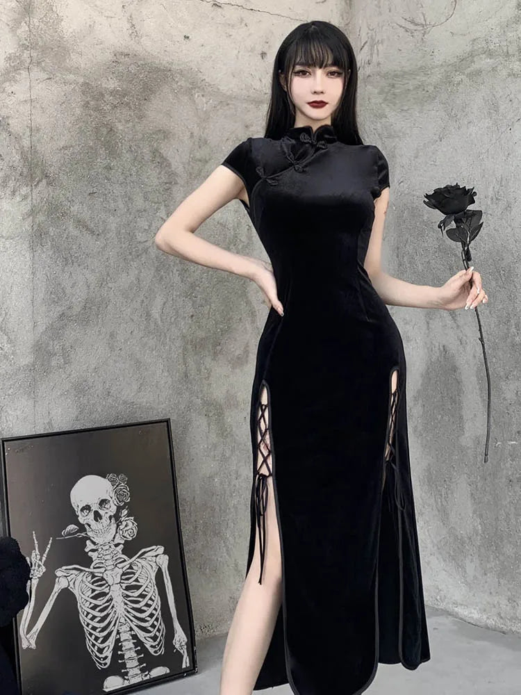 Velvet High Neck Frog Button Cap Sleeve Bodycon Maxi Dress - View 4