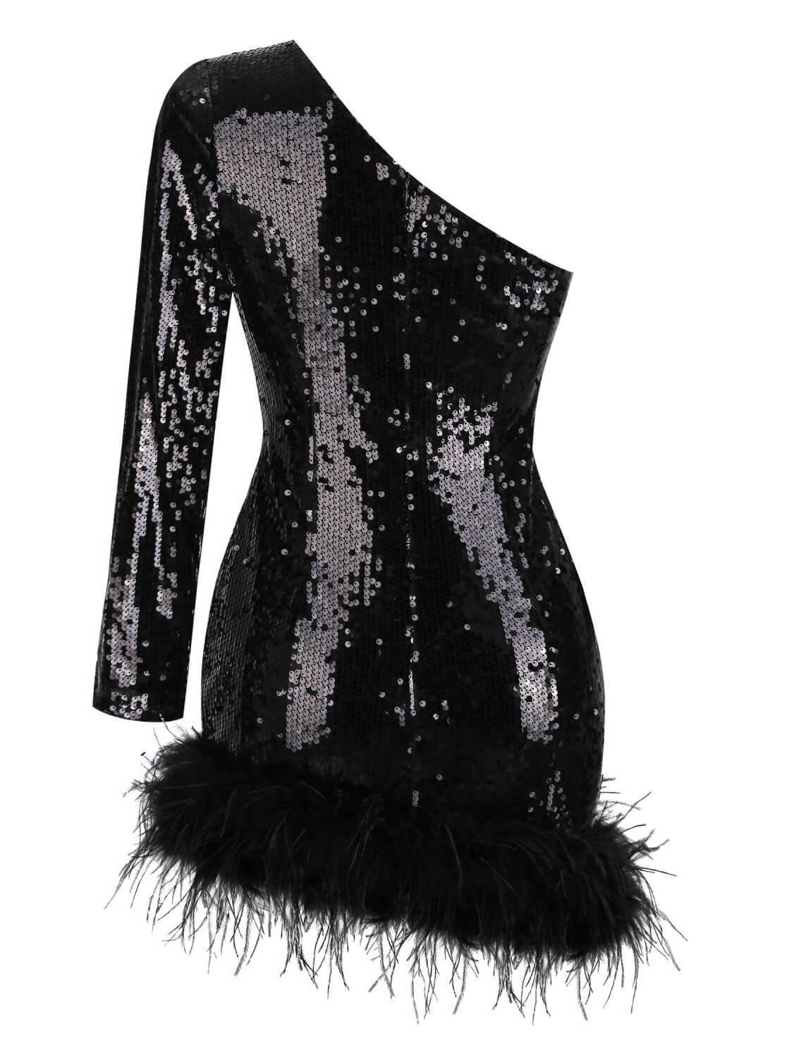 Sequin One Shoulder Long Sleeve Feather Trim Mini Dress - View 7