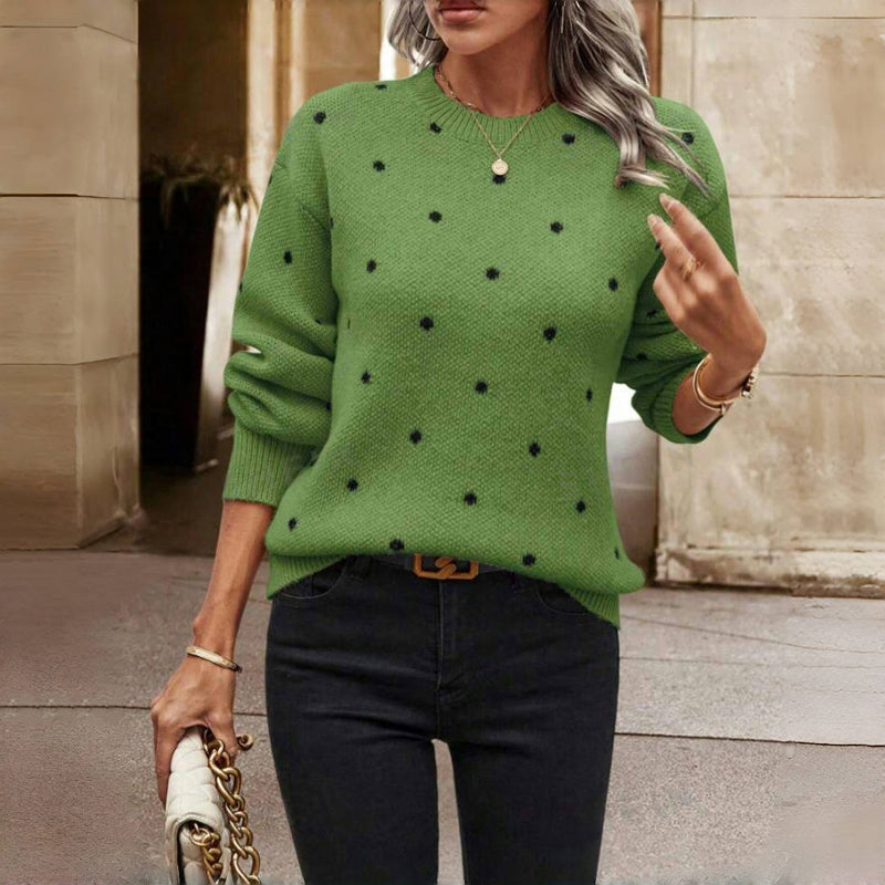 Crew Neck Long Sleeve Polka Dot Knit Sweater