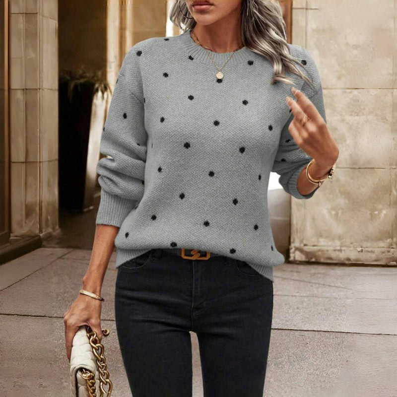 Crew Neck Long Sleeve Polka Dot Knit Sweater 2