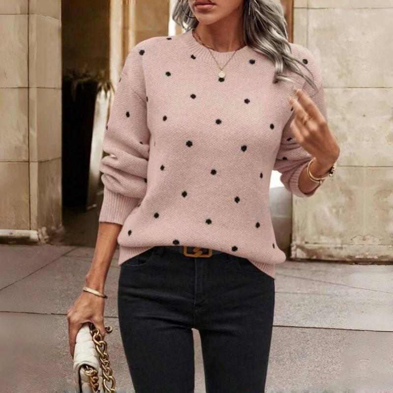 Crew Neck Long Sleeve Polka Dot Knit Sweater 4
