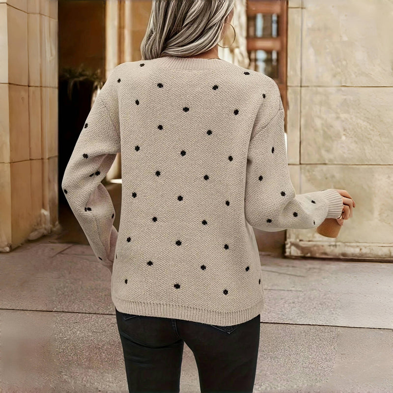 Crew Neck Long Sleeve Polka Dot Knit Sweater 8