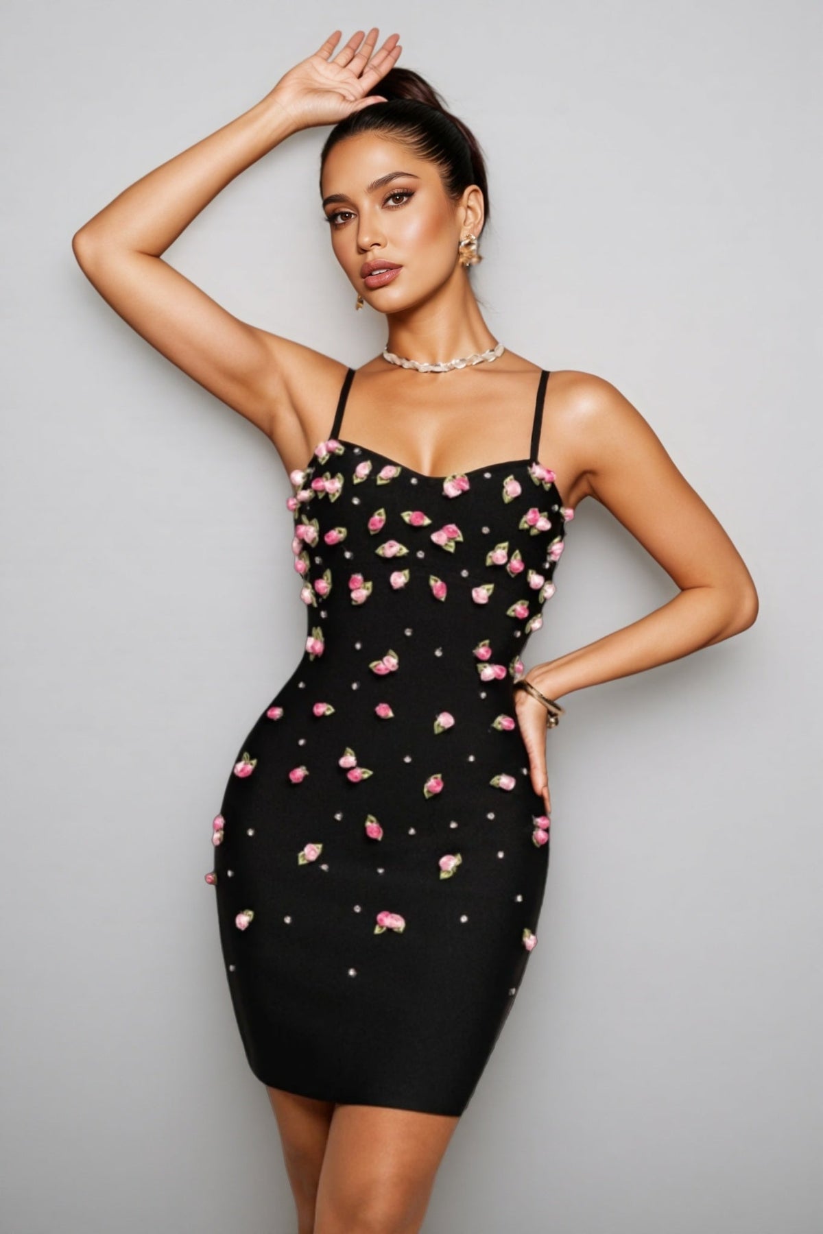 Sweetheart Spaghetti Strap 3D Rosebud Rhinestone Bandage Mini Dress - View 2