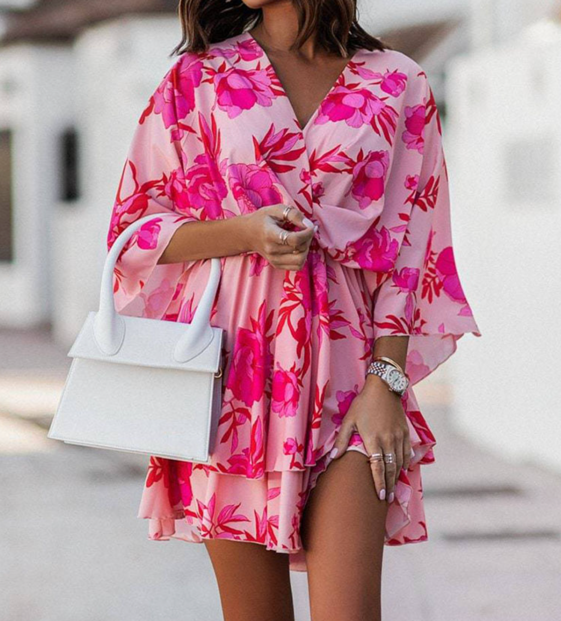 Floral Print V-Neck Kimono Sleeve Twist Front Tiered Mini Dress 5
