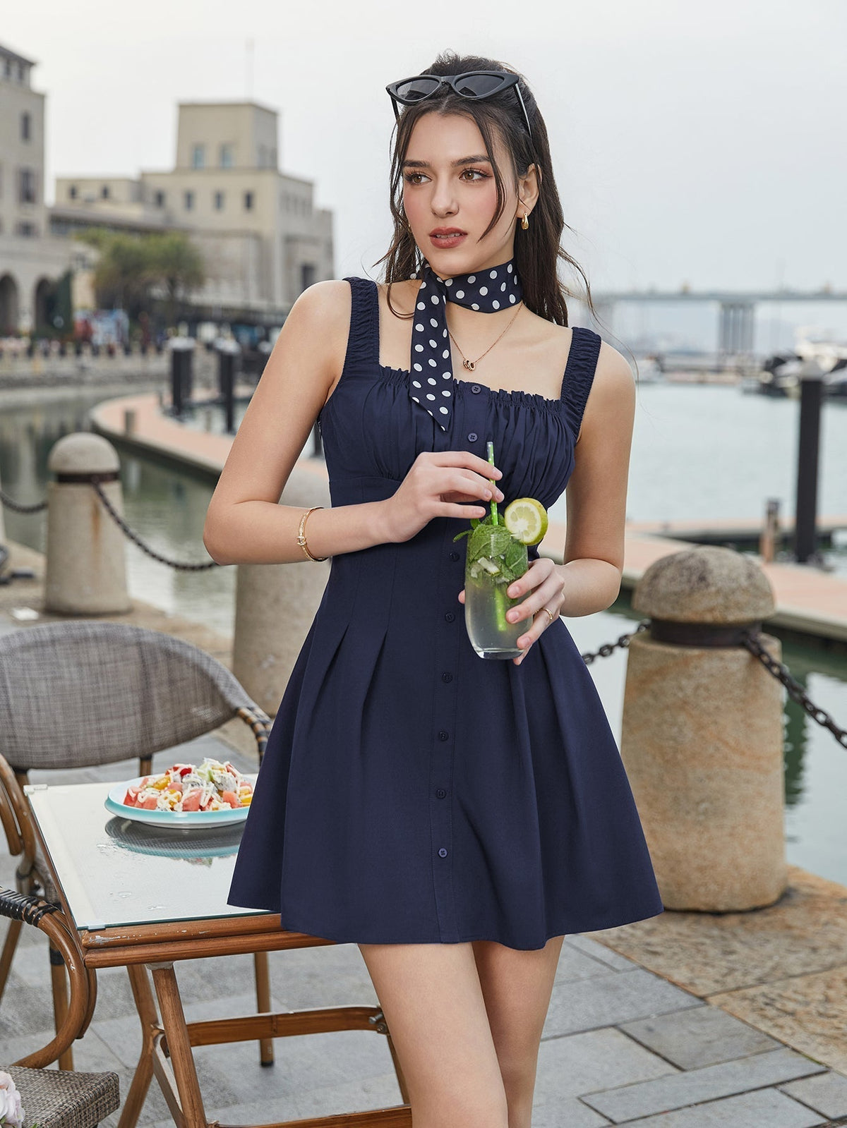 Square Neck Ruched Bust Button Front Box Pleat Mini Dress - View 3