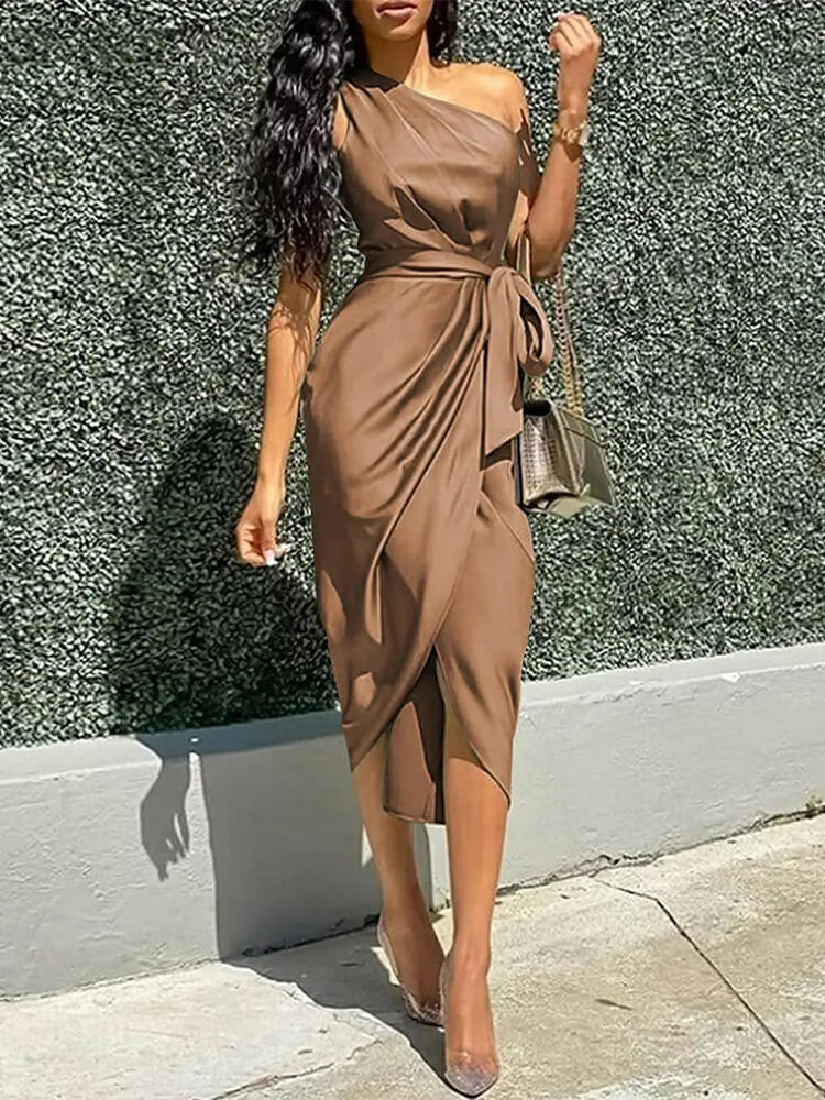 Satin One Shoulder Ruched Wrap Belted Midi Dress