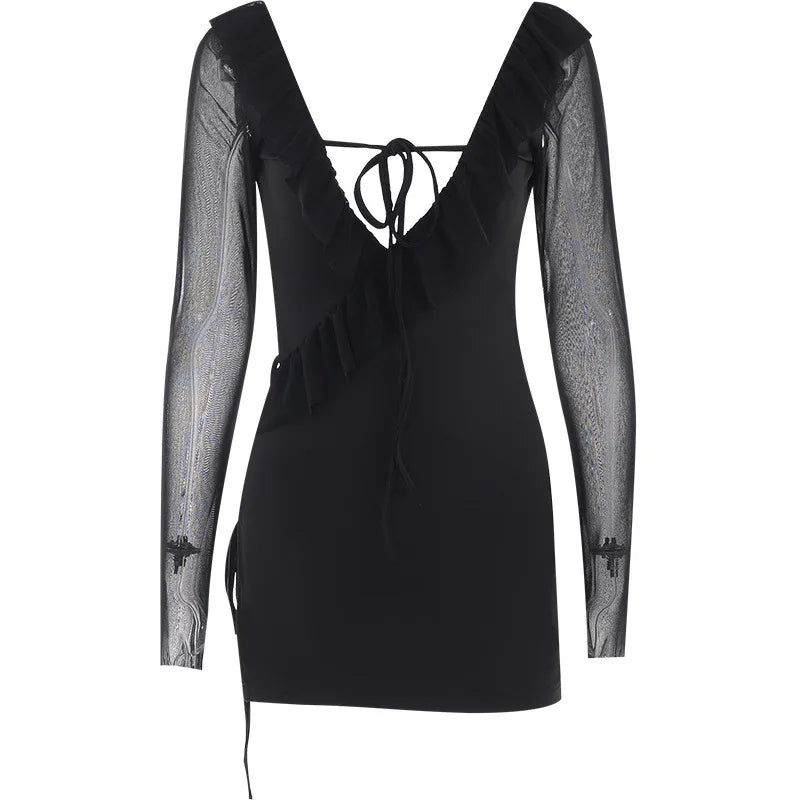 Mesh Long Sleeve Deep V-Neck Ruffle Lace Up Bodycon Mini Dress - View 5