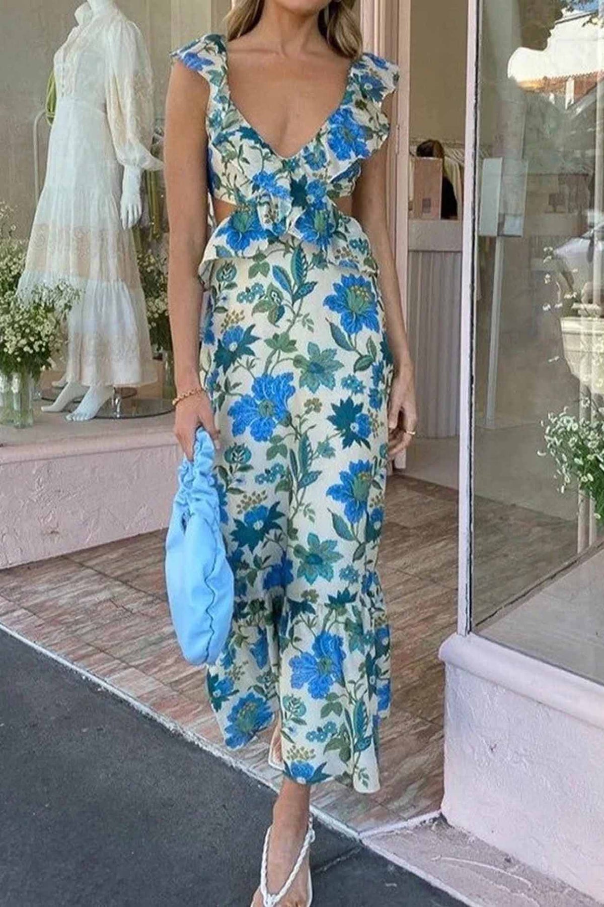 Floral Print Ruffle Cut Out Waist Fishtail Maxi Dress - View 3