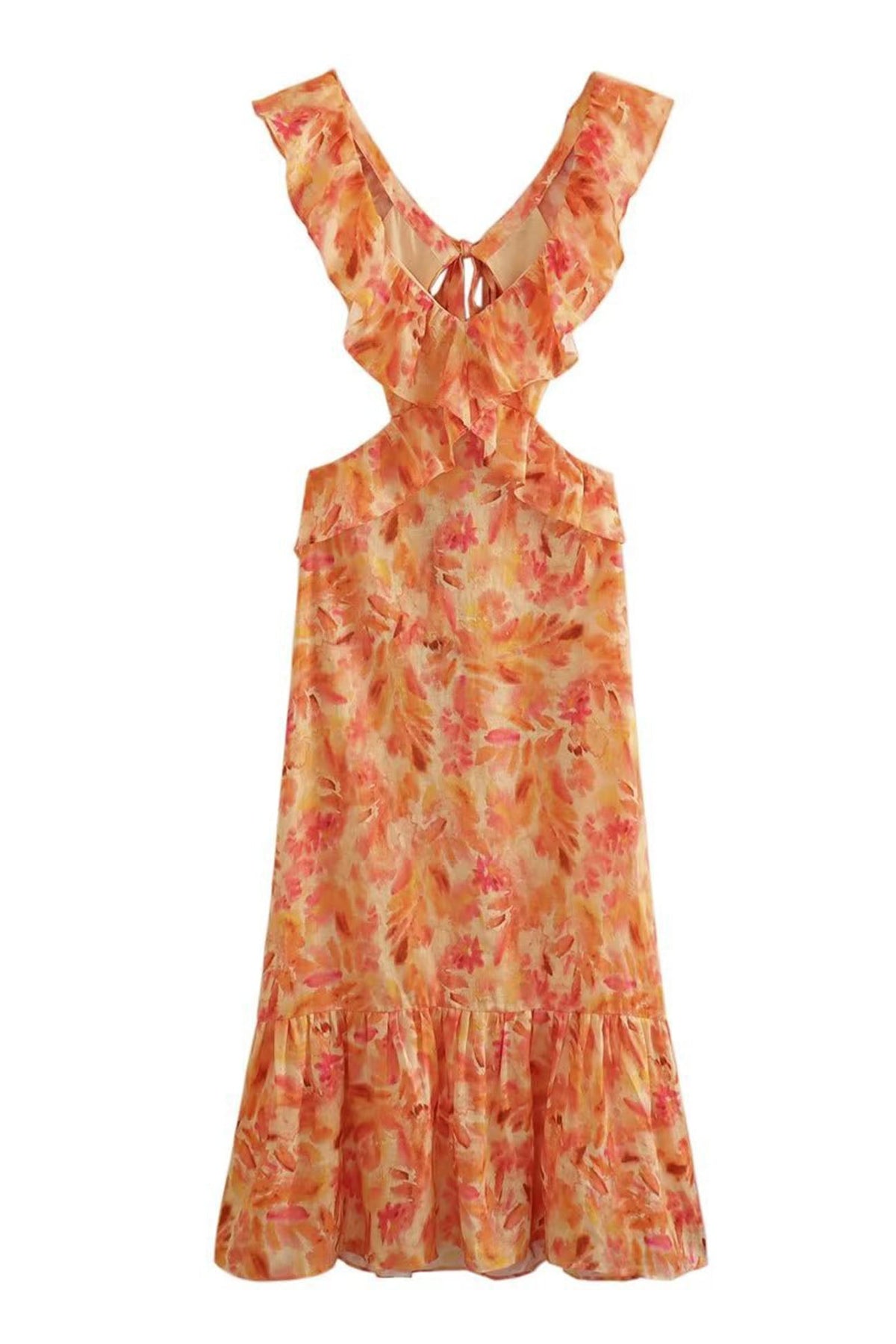 Floral Print Ruffle Cut Out Waist Fishtail Maxi Dress - View 7