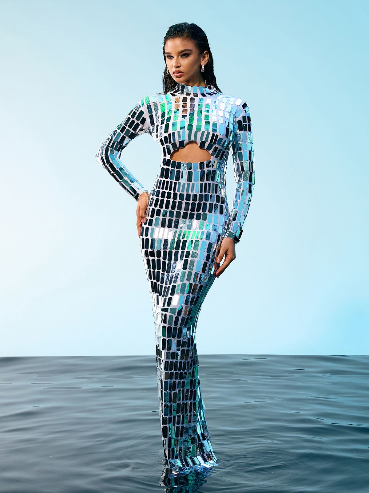 Mirror Tile Long Sleeve Mock Neck Cut Out Bodycon Maxi Dress - View 3