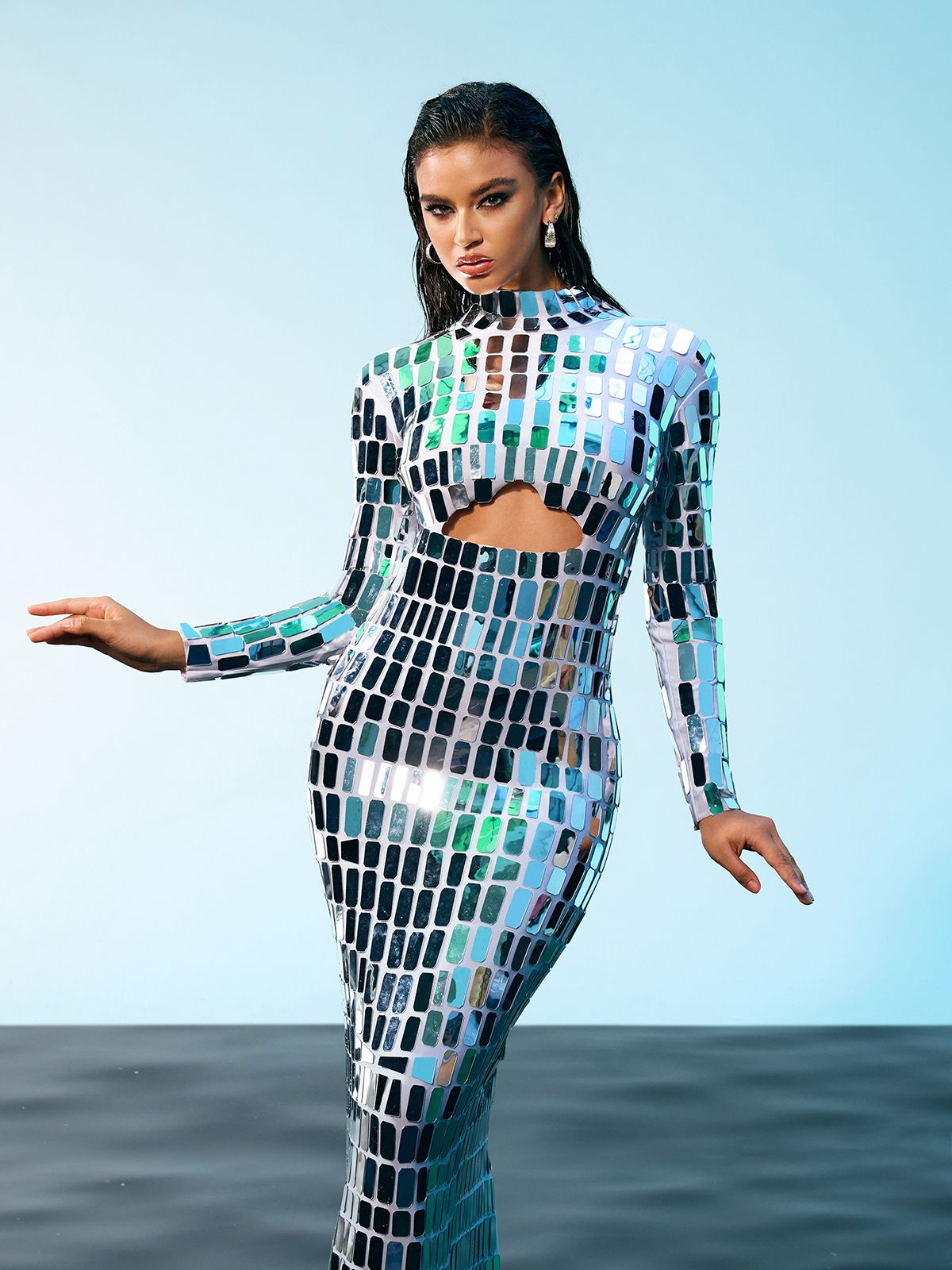 Mirror Tile Long Sleeve Mock Neck Cut Out Bodycon Maxi Dress - View 2