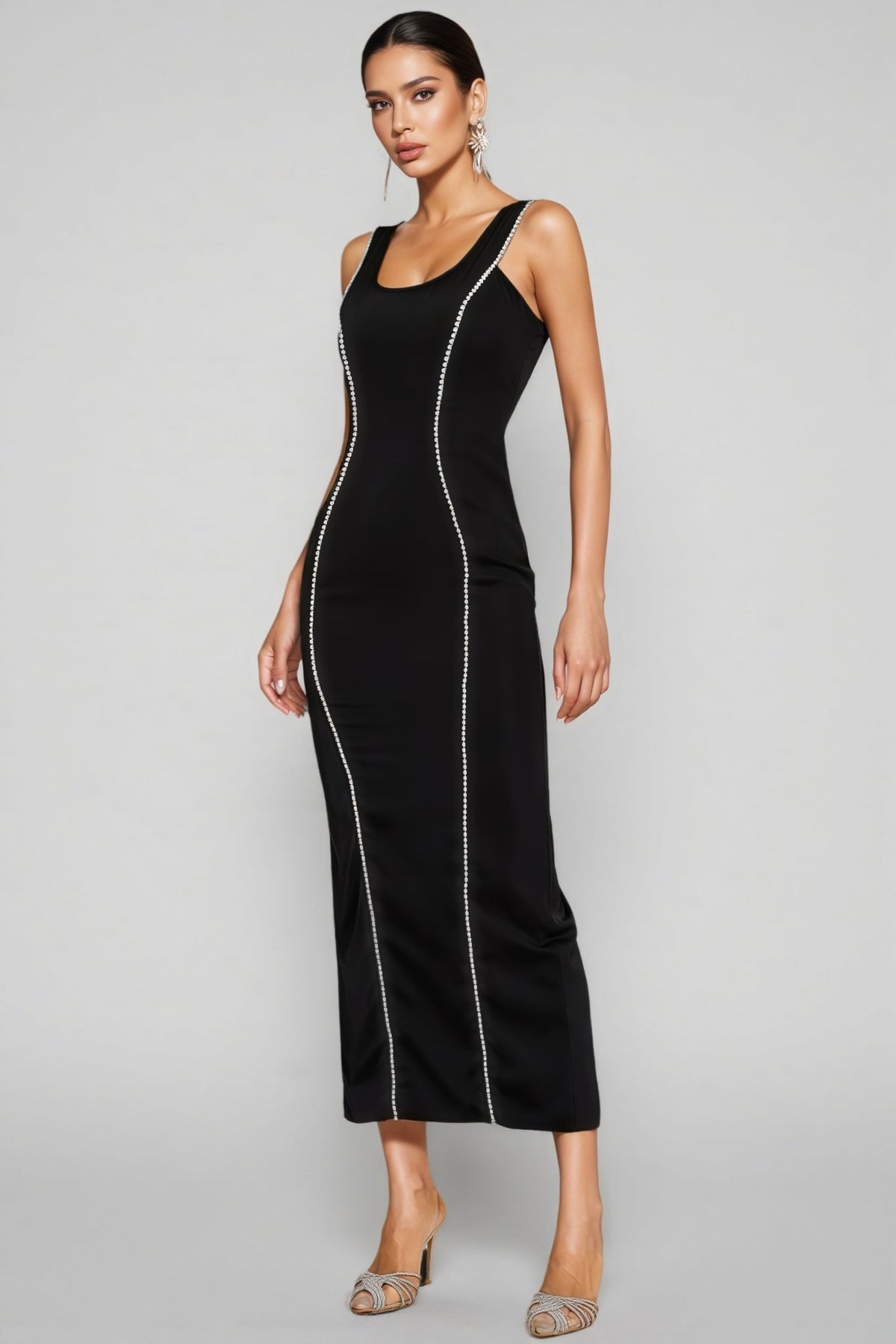 Pearl Trim Scoop Neck Sleeveless Bodycon Column Maxi Gown - View 3